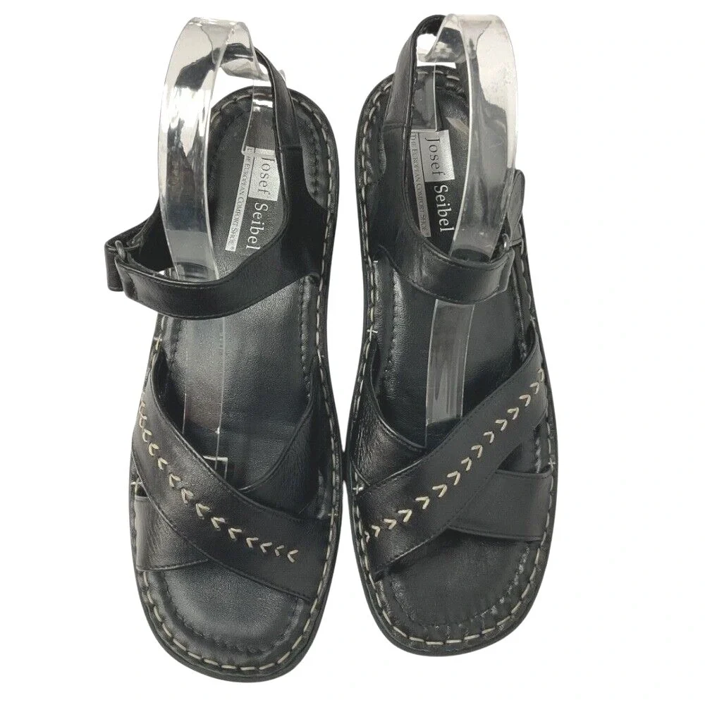 Josef Seibel Womens Leather Sandals Comfort Cross‎ Strap Black Shoes Size 10